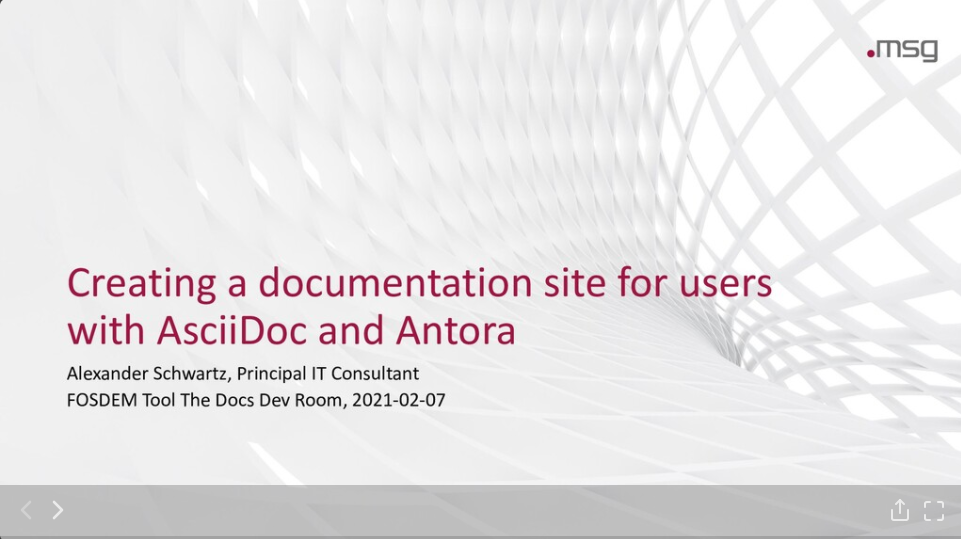 Slides on Speakerdeck: 'Creating a documentation site for users with AsciiDoc and Antora' (English)