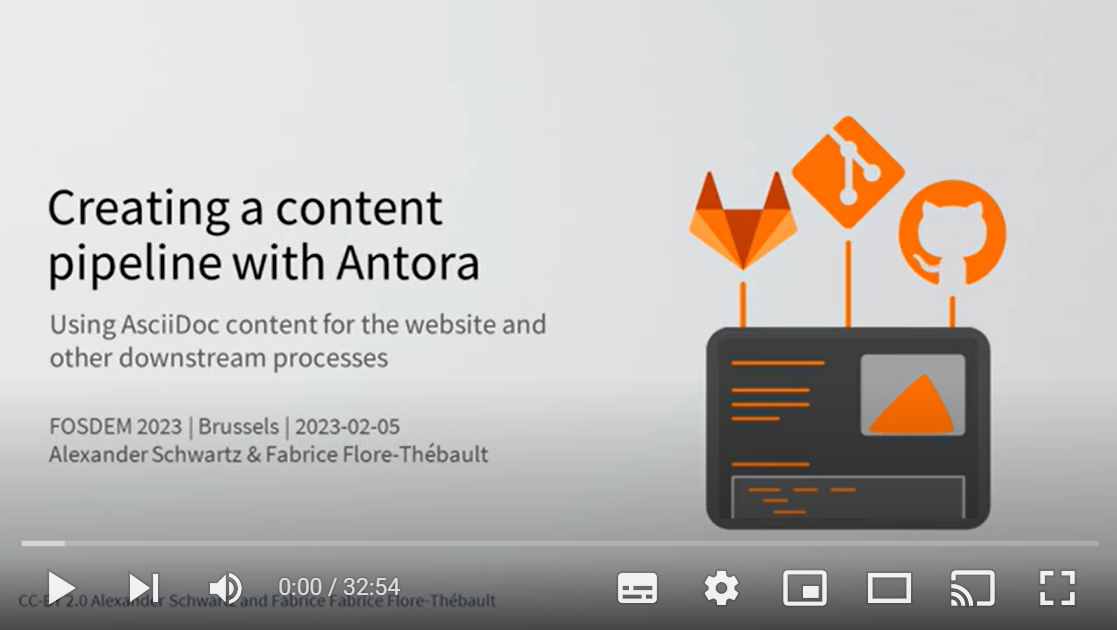Video of 'Creating a content pipeline with Antora'