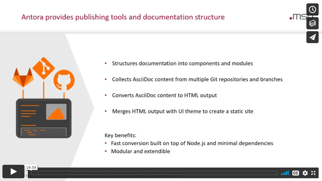 Video on Vimeo: 'Creating a documentation site for users with AsciiDoc and Antora' (English)